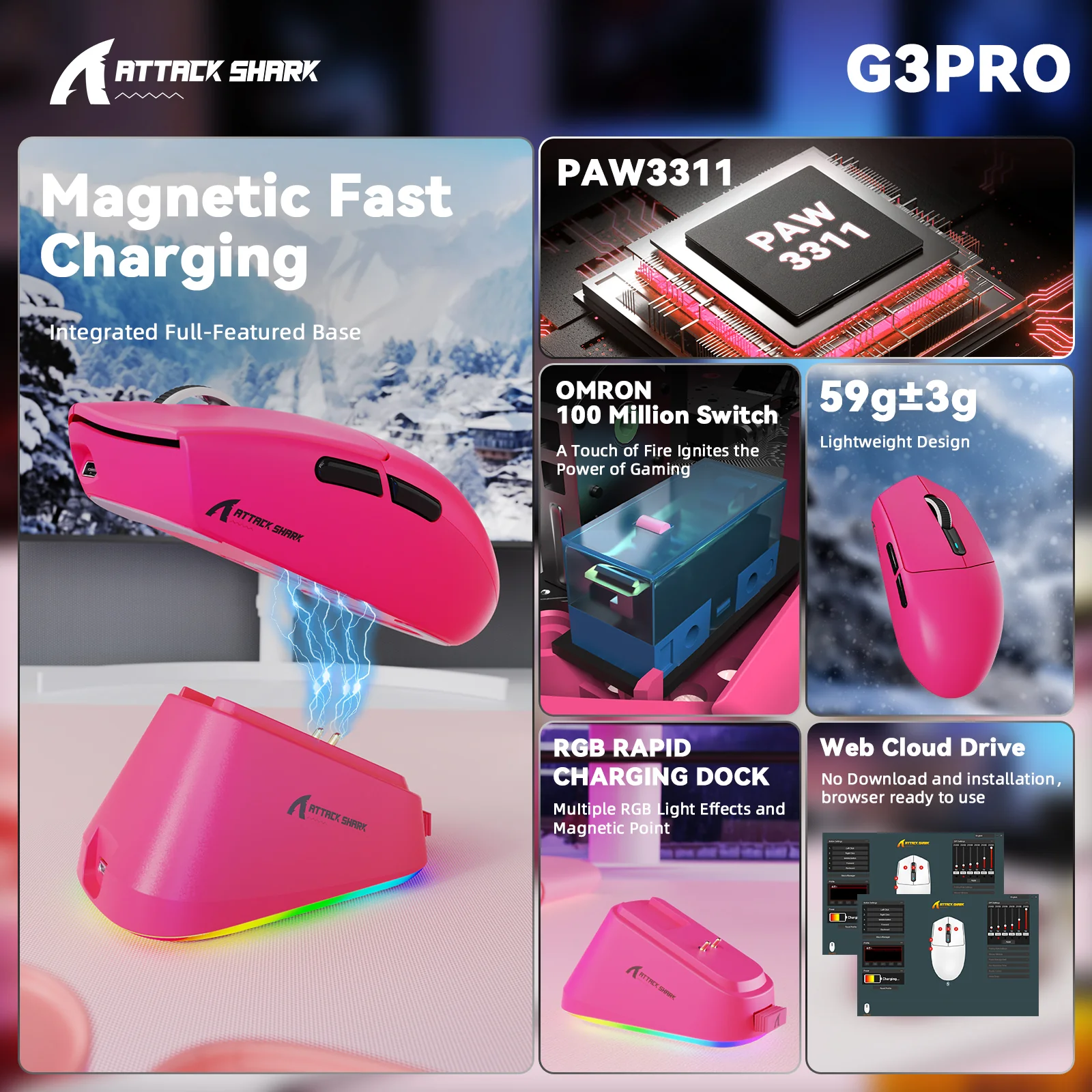 ATTACK SHARK G3PRO Tri-mode Wireless Gaming Mouse with Charge Dock 25000 DPI Ultra Lightweight - Image 24