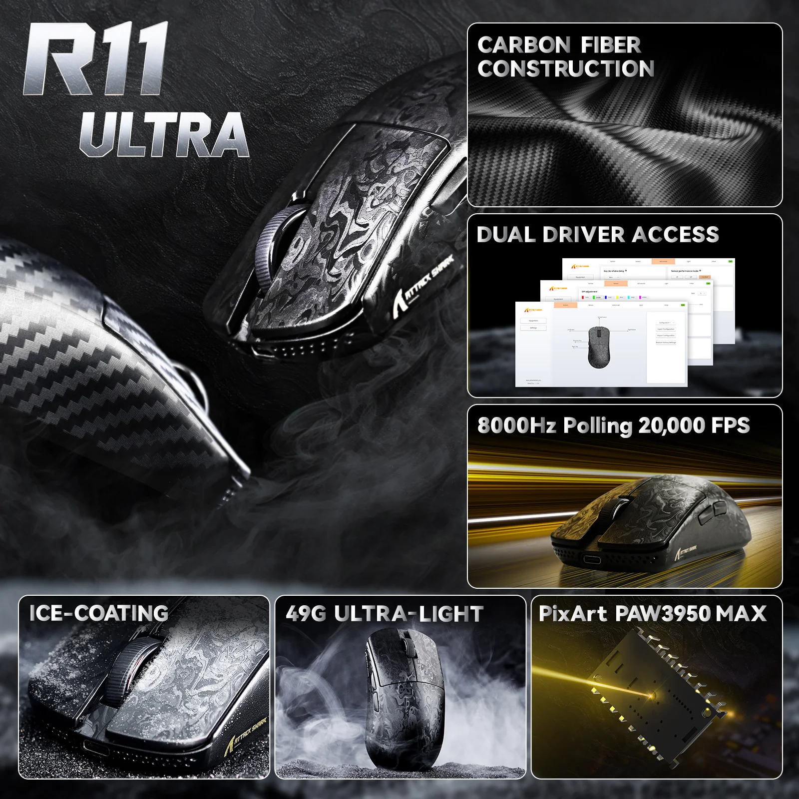 ATTACK SHARK R11 ULTRA Carbon Fiber Wireless 8K PAW3950MAX Gaming Mouse - Image 11