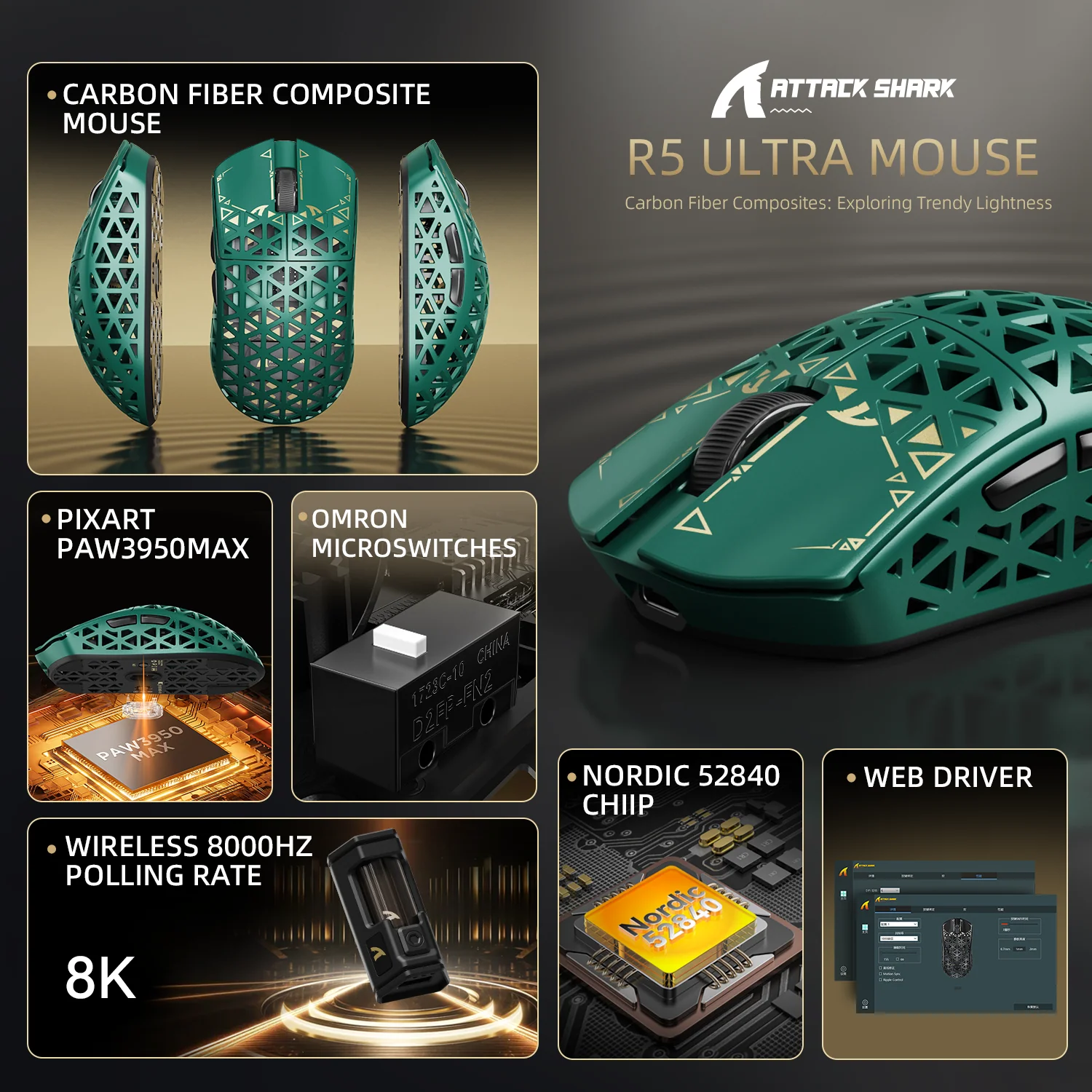 ATTACK SHARK R5 ULTRA Carbon Fiber Wireless 8K PAW3950MAX Gaming Mouse with 8K Coiled Cable - Image 30