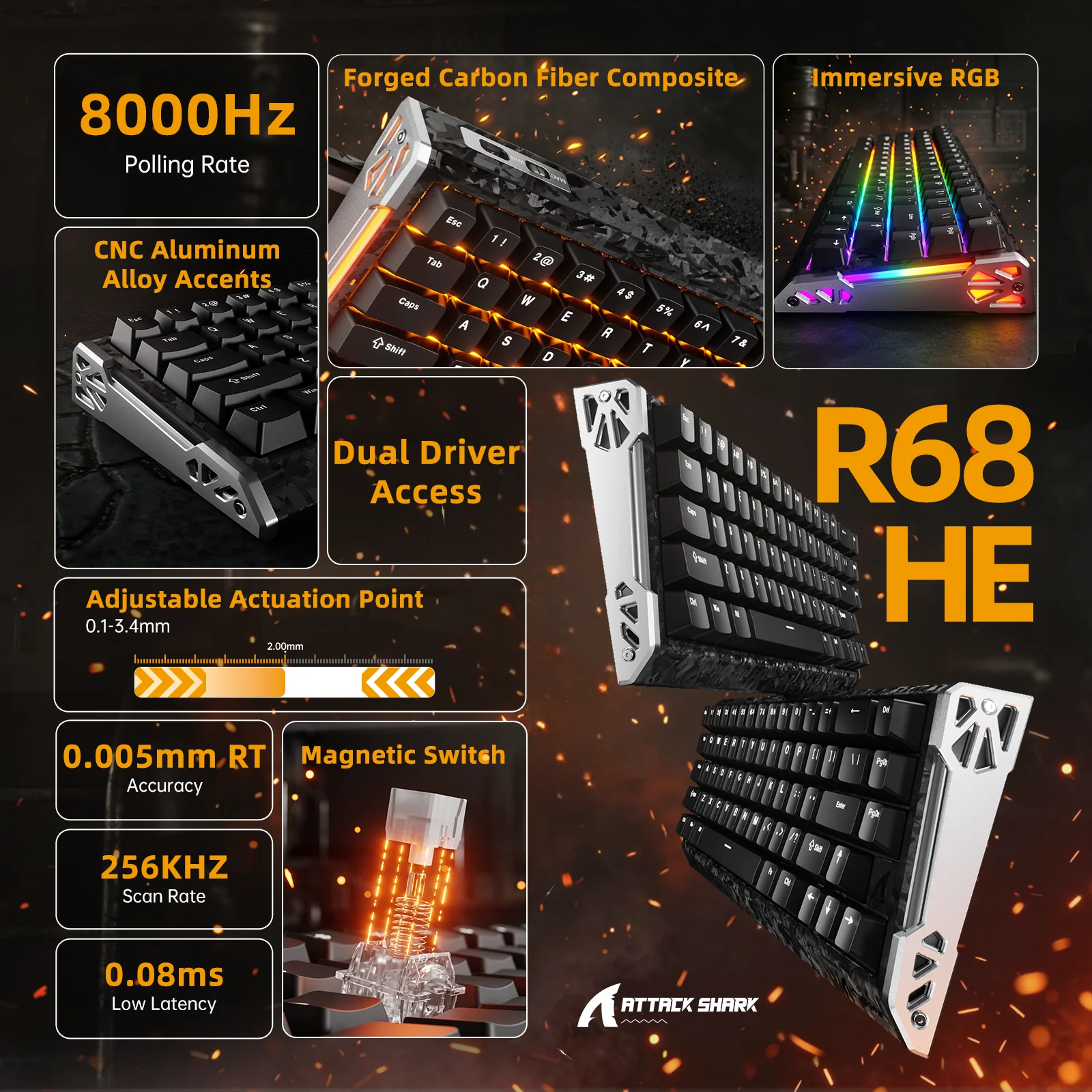 ATTACK SHARK R68 HE Carbon Fiber Rapid Trigger Keyboard Magnetic Switch - Image 12