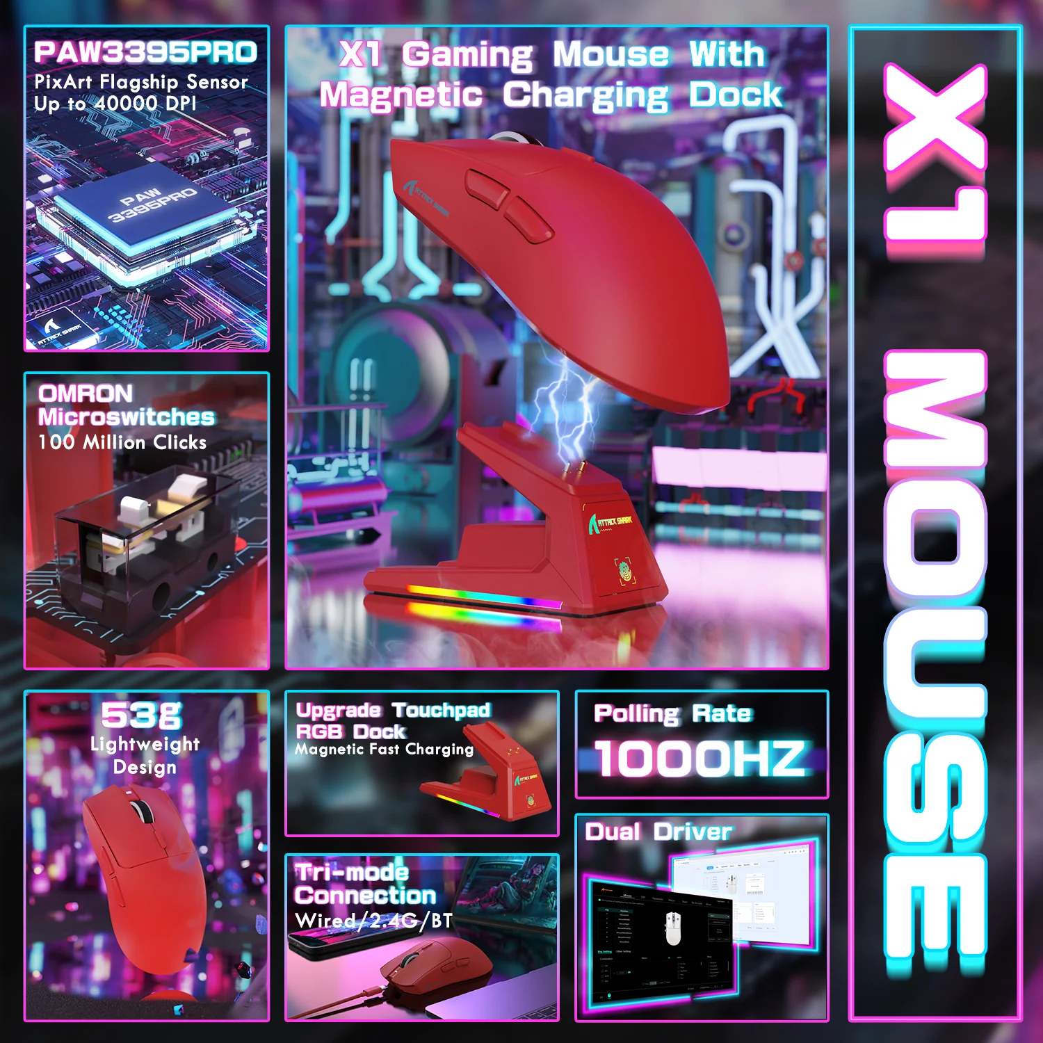 ATTACK SHARK X1 Tri-mode Gaming Mouse With Touchpad RGB Charging Dock PAW3395PRO Sensor - Image 20