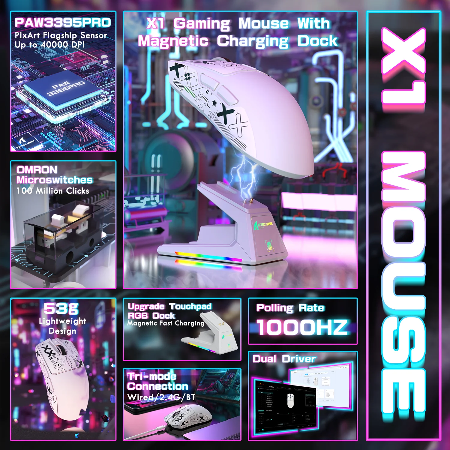 ATTACK SHARK X1 Tri-mode Gaming Mouse With Touchpad RGB Charging Dock PAW3395PRO Sensor - Image 29