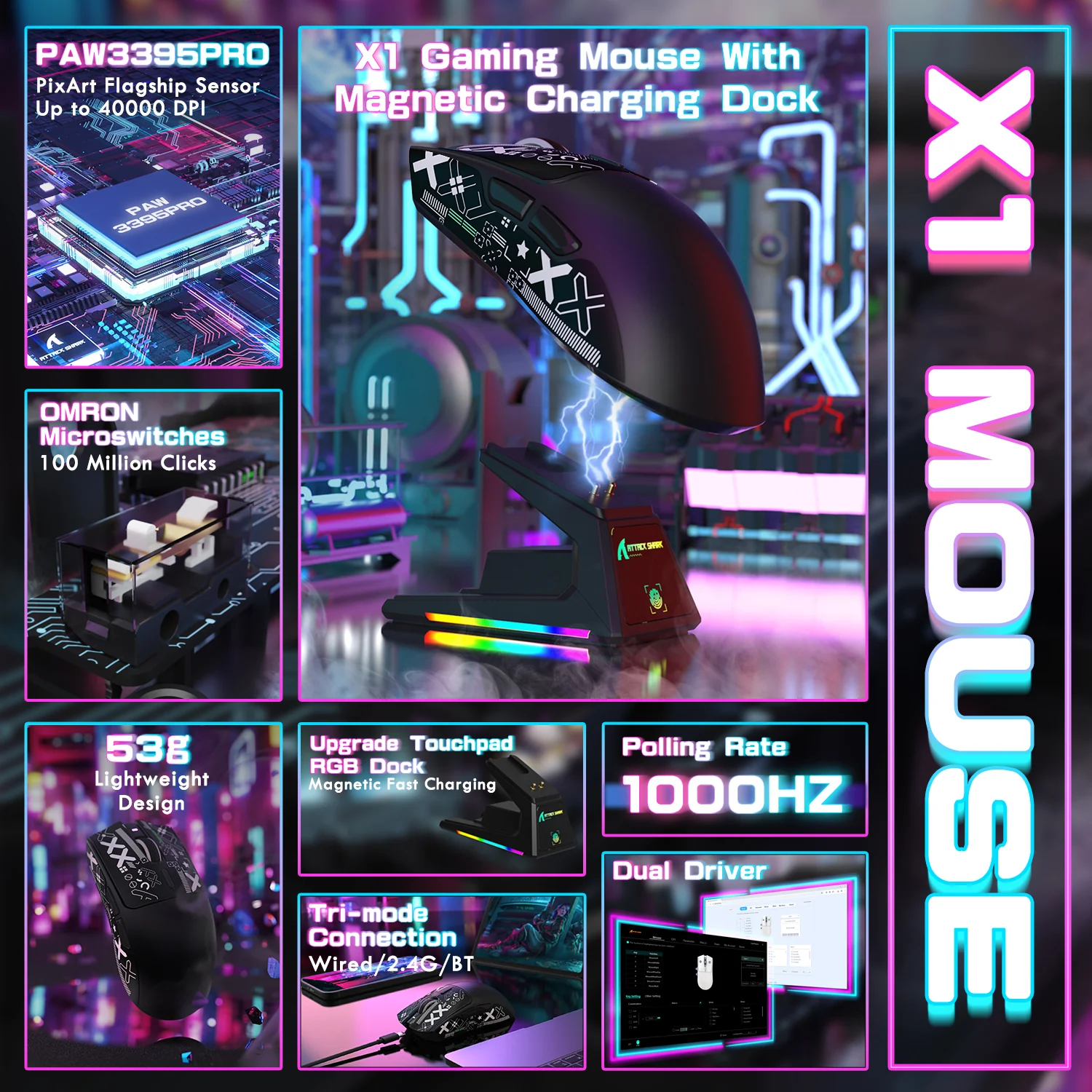 ATTACK SHARK X1 Tri-mode Gaming Mouse With Touchpad RGB Charging Dock PAW3395PRO Sensor - Image 38
