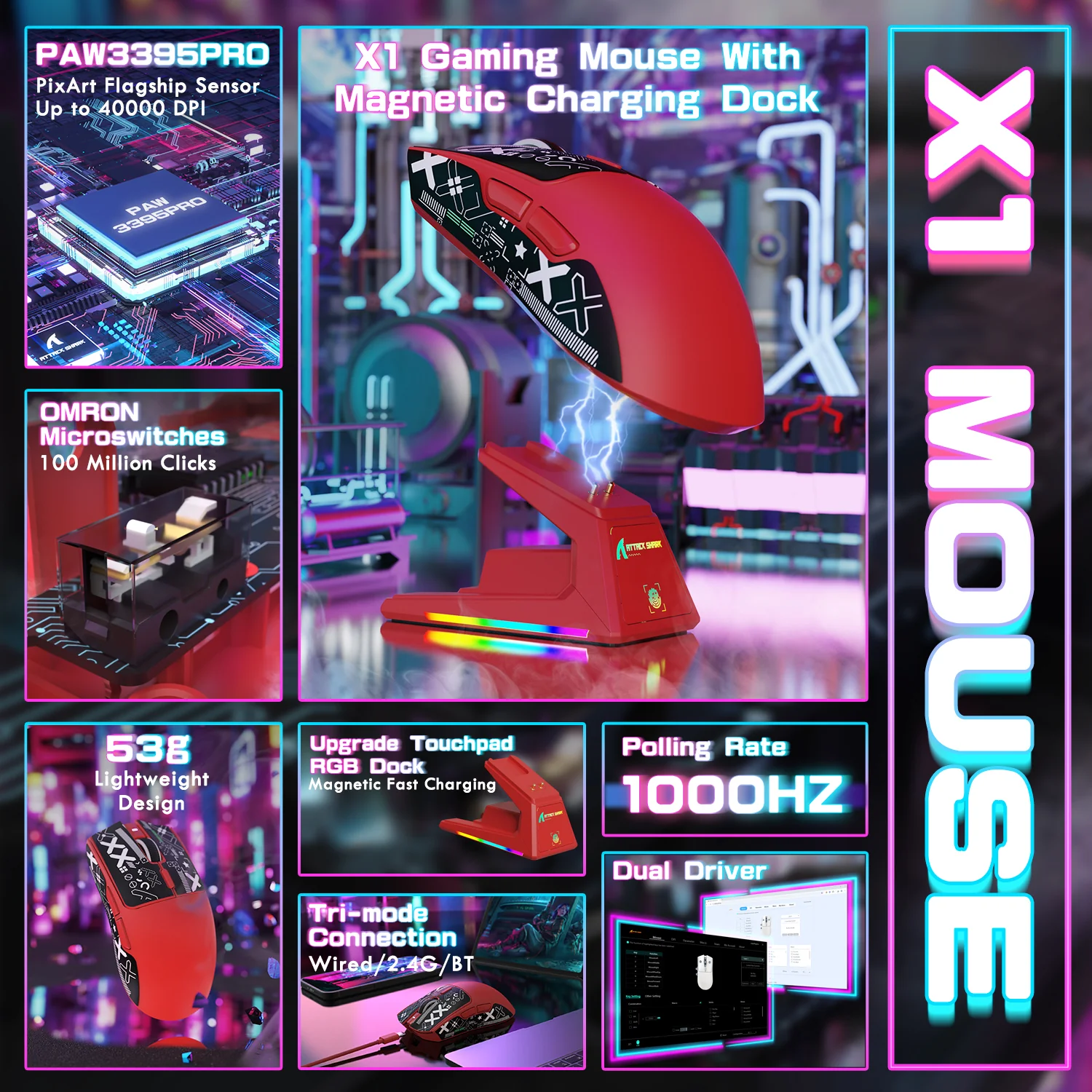 ATTACK SHARK X1 Tri-mode Gaming Mouse With Touchpad RGB Charging Dock PAW3395PRO Sensor - Image 47