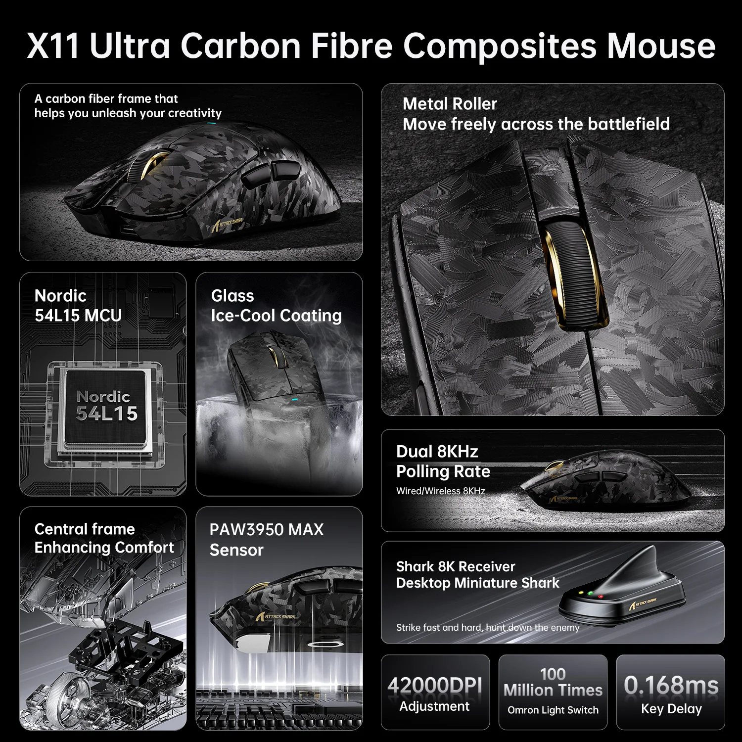 ATTACK SHARK X11 ULTRA Carbon Fiber Wireless 8K PAW3950MAX Gaming Mouse - Image 11