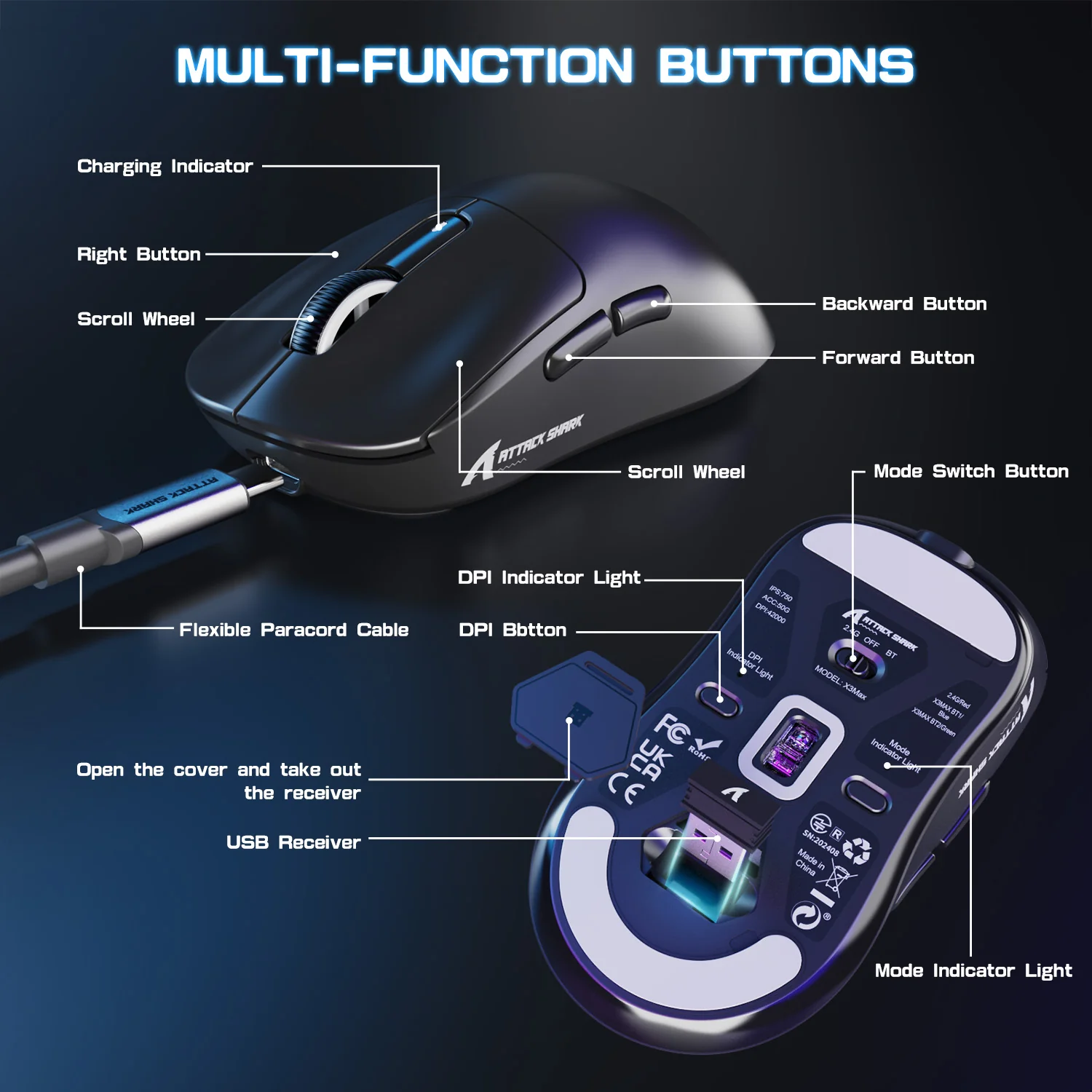 ATTACK SHARK X3MAX PAW3950 Wireless Gaming Mouse with C06 Mouse Coiled Cable - Image 17