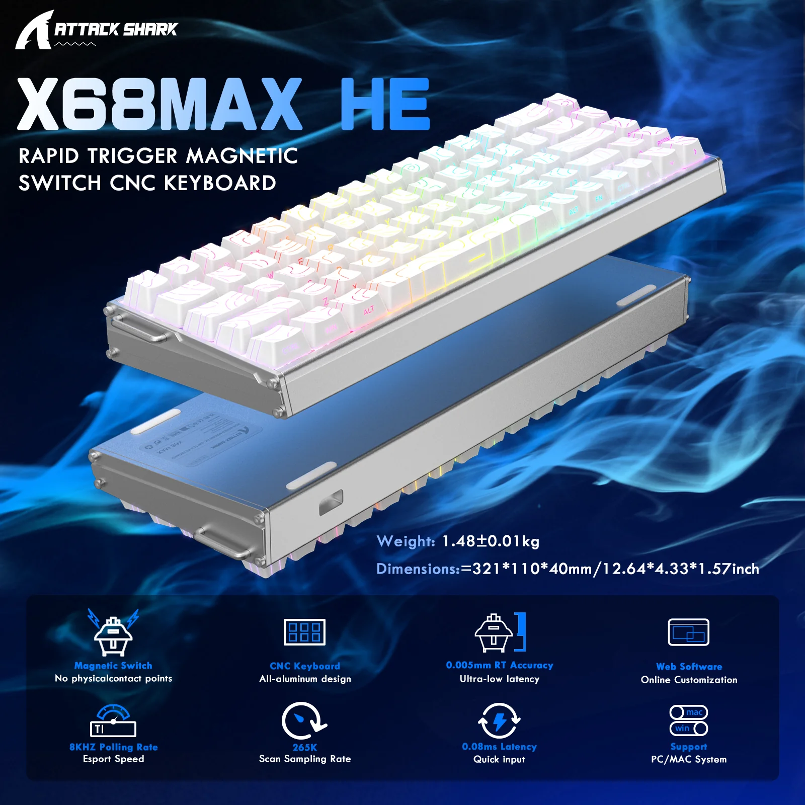 ATTACK SHARK X68MAX HE Rapid Trigger CNC Aluminum Keyboard Magnetic Switch with C01Ultra RGB Coiled Cable - Image 10