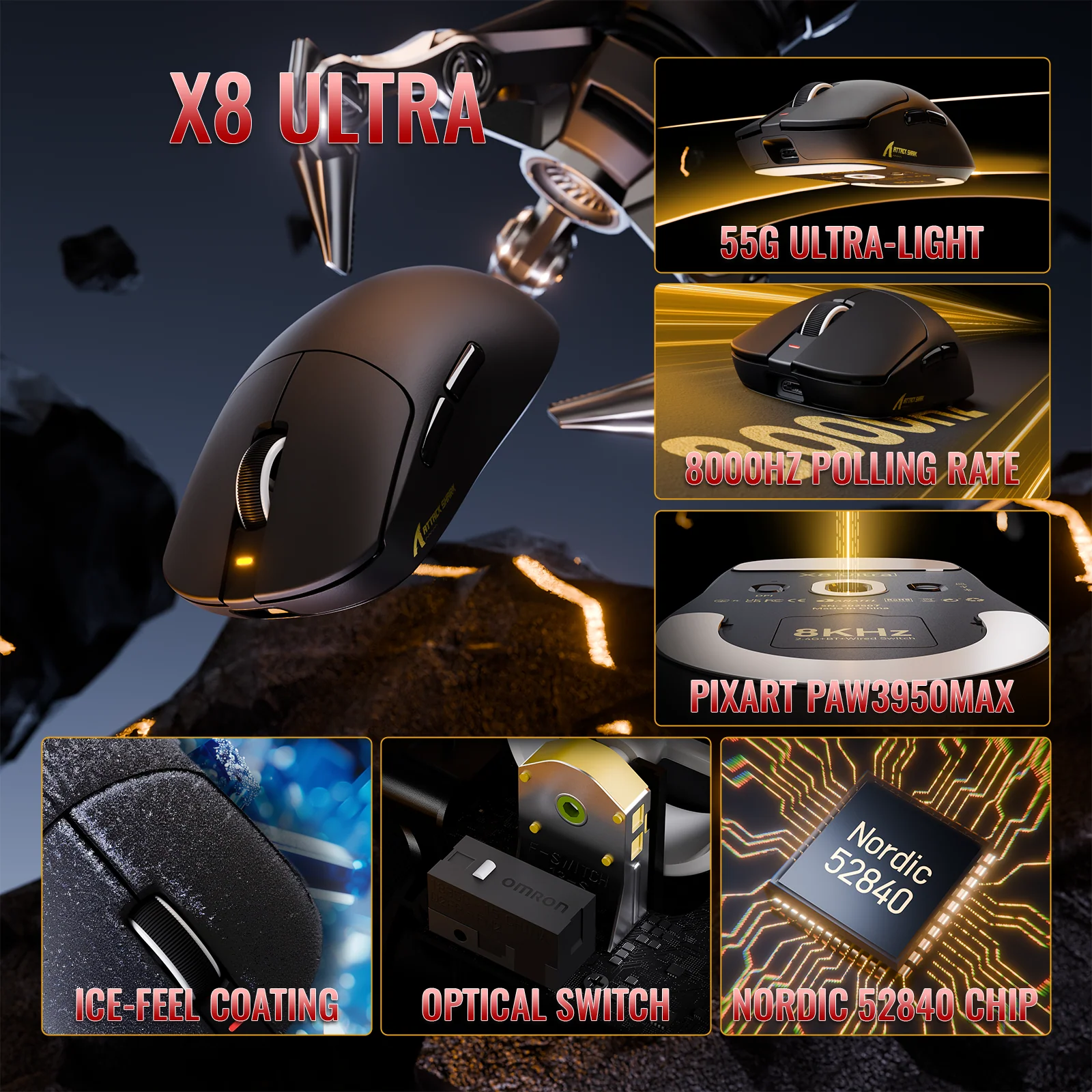 ATTACK SHARK X8 Series Tri-mode  Lightweight Wireless Gaming Mouse - Image 12