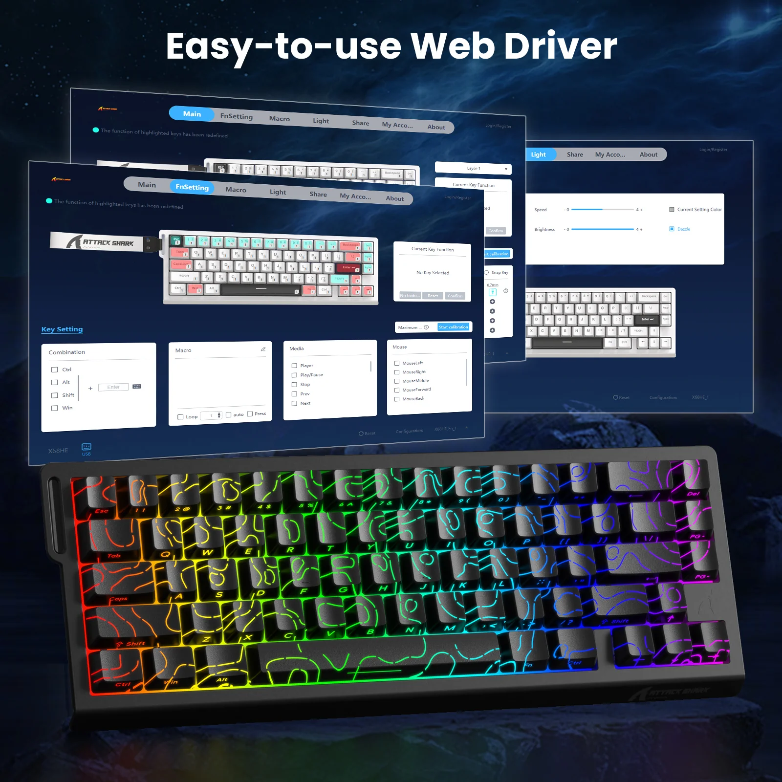 ATTACK SHARK X68 HE Rapid Trigger Keyboard Magnetic Switch with C01PRO Coiled Cable - Image 8